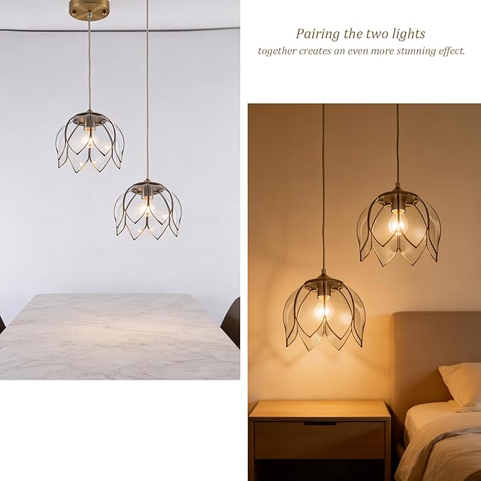 Brass Glass Ceiling Lotus Vintage Pendant Light, Hanging Chain lamp, with Vintage Lotus Flower Glass Shade for Kitchen Island Dining Room Bedroom Living Room-9.25" Clear Shade