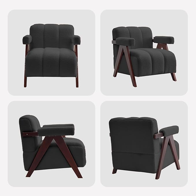Accent Chairs Set of 2 Mid-Century Modern with Wide Backrest for Bedroom, Upholstered Living Room Chair with Wooden, Lounge Armchair with Thick Cushion, Cute Teddy Comfy Chair, Dark Grey