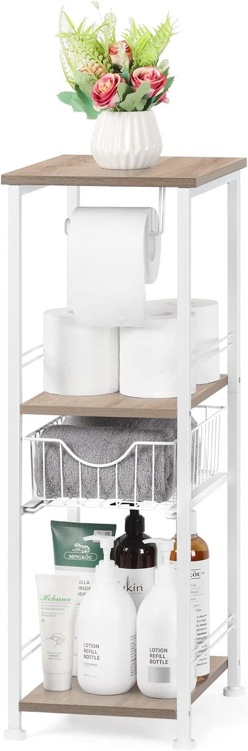 OYEAL Freestanding Bathroom Storage Organizer 3 Tier Narrow Bathroom Shelf Stand Toilet Paper Storage Cabinet with Drawer for Small Space Laundry Room Entryway, Light Oak