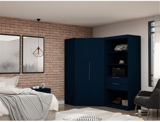 Manhattan Comfort Mulberry 2.0 Corner Wardrobe Closet with Drawers, Hanging Rods and Adjustable Shelves, 2-Piece Free Standing Semi Open Sectional Design for Bedrooms & Dressing Rooms, Midnight Blue