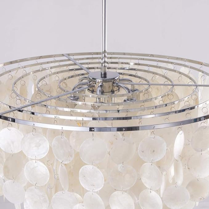 Wellmet Natural Capiz Shell Chandelier, 6 Lights Coastal Modern Capiz Chandelier Pendant Lighting, Hanging Round Layered Chandelier for Living Room, Dining Table, Bedroom, Kitchen, Foyer, W-23.62”