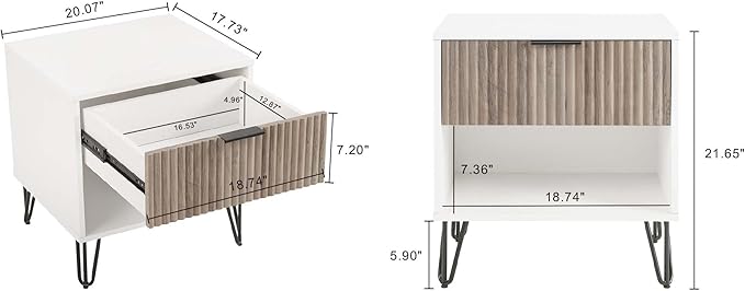 Manhattan Comfort Dumbo Modern Nightstand 1.0 with 1 Drawer and Metal Feet | Splayed Black Legs | Vertical Ribbed | No Tool Assembly Storage for Bedroom & Living Room, Set of 2, White and Rustic Grey