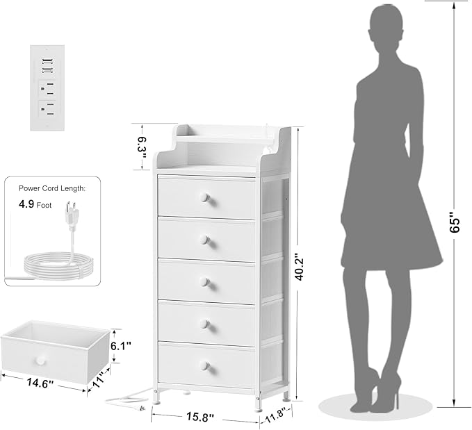 REAHOME 5 Drawer Dresser for Bedroom with Charging Station and LED Lights, White Chest of Drawers with with Shelves, Tall Night Stand with Sturdy Steel Frame & Wood Top for Bedroom - Leather White
