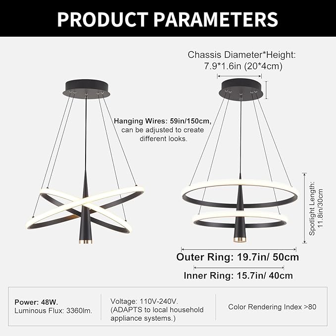 Modern LED Chandelier, Dimmable 20in Black Kitchen Pendant Light Fixture Dining Room Lights Ceiling Hanging, 2 Ring Round Chandeliers for Bedroom Living Room Staircase Over Table (3360lm)