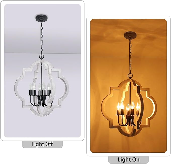 21'' Farmhouse Wood Chandelier, 6-Light Distressed White Dining Room Light Fixture, Adjustable Height Rustic Wood Orb Chandelier for Kitchen Island Foyer Living Room Bedroom Entryway
