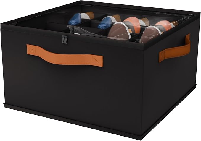 Shoe Organizer for Closet, Fabric Shoe Storage Bins with Clear Cover, Adjustable Dividers for Shoe Storage, Shoe Cube Organizer Fits up to 16 Pairs, Black 1-Pack