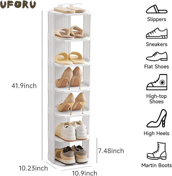 Small Shoe Rack, 7 Tier Plastic Vertical Shoe Rack for Small and Narrow Spaces, Free Standing Shoe Organizer for Closet, Entryway
