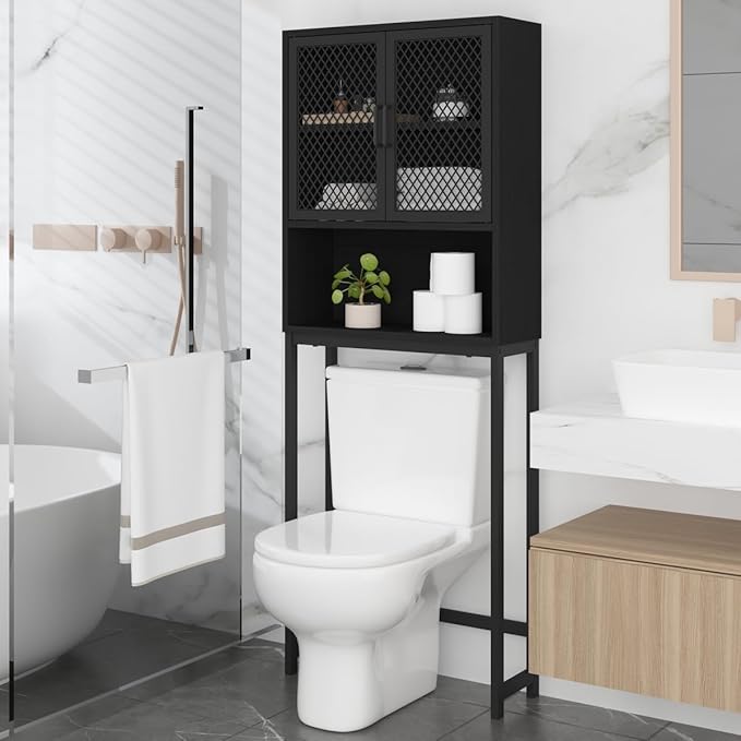 Launica Bathroom Organizer Over Toilet, Wood Metal Over The Toilet Storage, Industrial Bathrooms Space Saver Shelf Over Toilet, Freestanding Bathrooms Cabinet Above Toilet wtih Rack, Black Oak