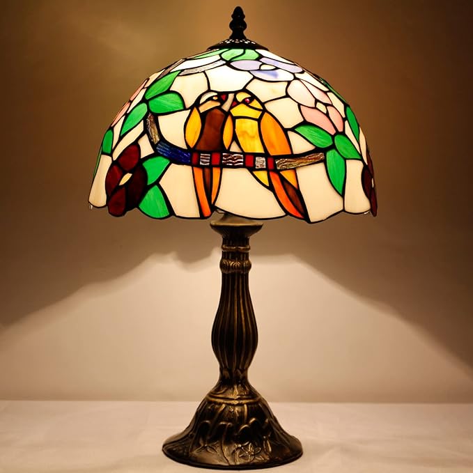 WERFACTORY Tiffany Table Lamp Stained Glass Bedside Lamp Double Tropical Birds Desk Reading Light 12X12X18 Inches Decor Bedroom Living Room Home Office S803 Series