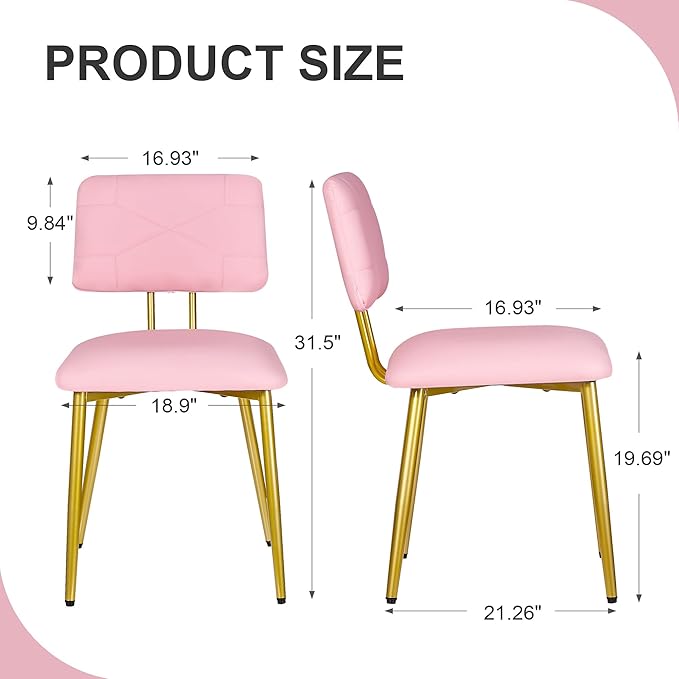 VECELO Dining Chairs Set of 2, Modern Upholstered Kitchen Chairs with Faux Leather Cushion Seat & Metal Legs for Kitchen, Living Room, Tufted Backrest Design, Pink