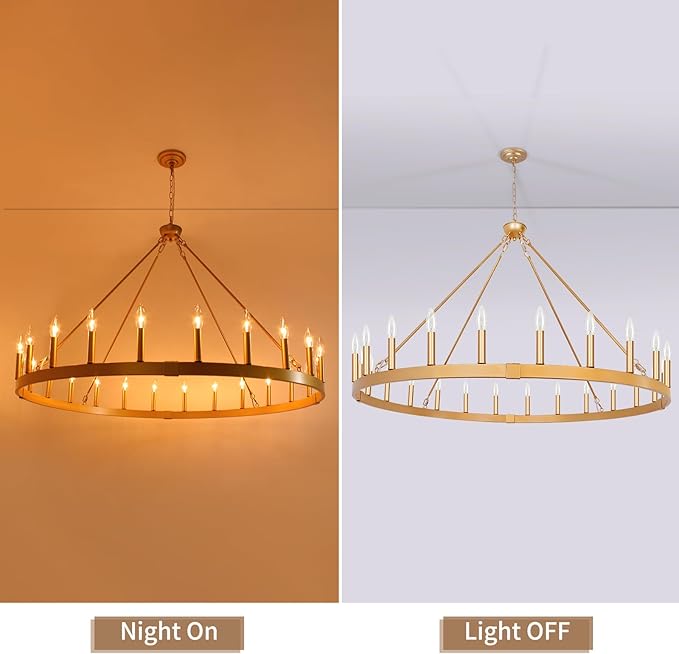Gold Wagon Wheel Chandelier 48-Inch 24-Light, Extra Large Round Rustic Farmhouse Chandeliers for Outdoor Porch high Ceilings Dining Room Living Room Foyer Entryway