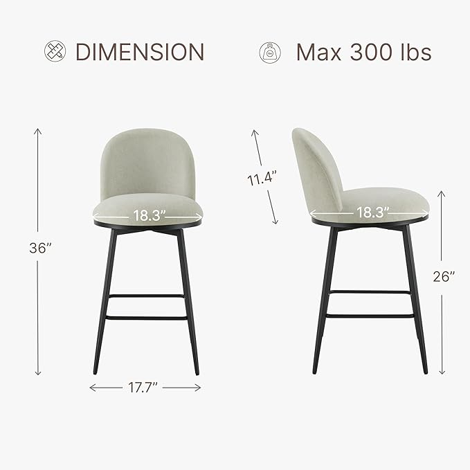 Swivel Bar Stools Set of 3, 26" H Upholstered Linen Fabric Barstools with Backs,Counter Height Stools with Metal Legs for Kitchen Island,Grey,1 Box