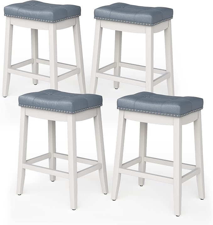COSTWAY Bar Stools Set of 4, 24-Inch Height Backless Counter Stool with Footrest, Soft Seat Cushion, Wood Legs and Non-Slip Foot Pad, Saddle Stools for Home Kitchen Living Room, Stone Gray+White