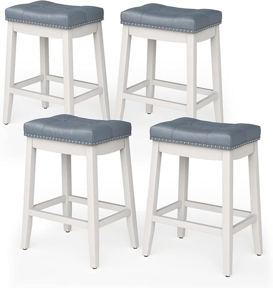 COSTWAY Bar Stools Set of 4, 24-Inch Height Backless Counter Stool with Footrest, Soft Seat Cushion, Wood Legs and Non-Slip Foot Pad, Saddle Stools for Home Kitchen Living Room, Stone Gray+White