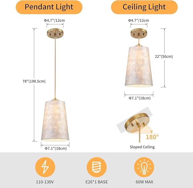 1-Light Capiz Shell Chandelier, 2PCS per Pack, Coastal Design Pendant Light Fixture for Dining Room, Kitchen Island, D7xH18~66"(Adjustable Height), Shell Lampshade & Gold Finish (2-Pack)