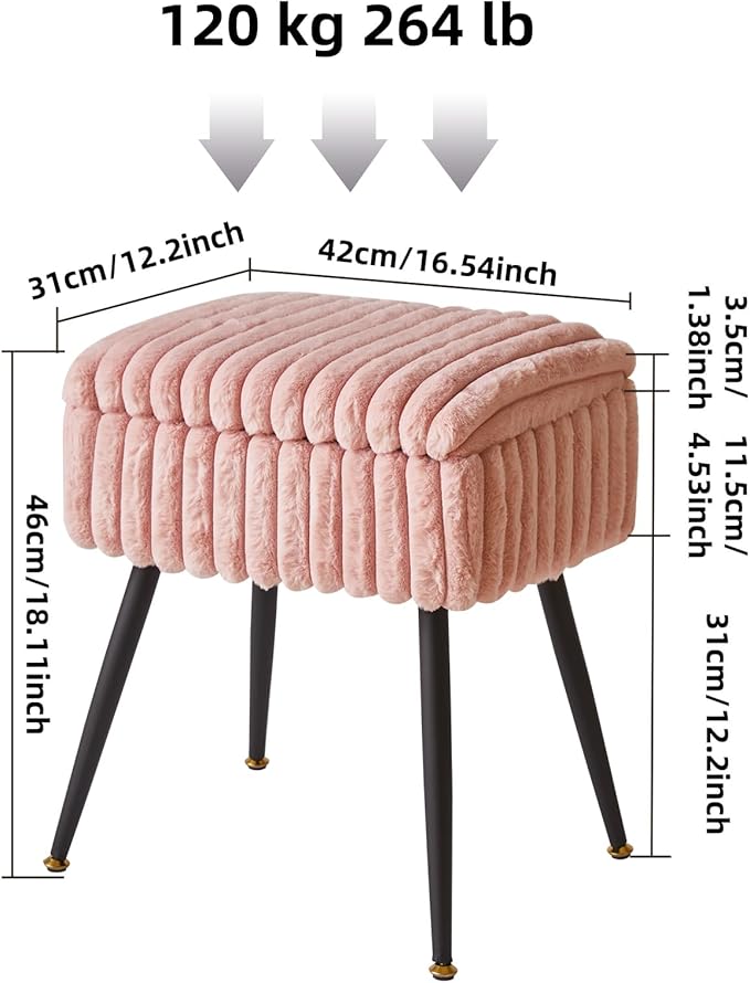 Vanity Stool Chair, Foot Stools Ottoman, Faux Fur Vanity Chair with Black Legs, Vanity Stool for Makeup, Make up Chairs for Vanity, Vanity Small Bench Seat Storage Pink YD-MS151P