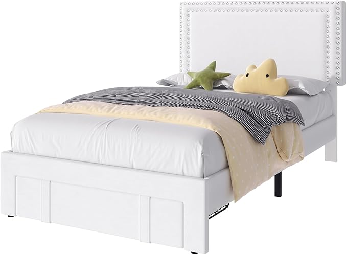 VECELO Twin Platform Bed Frame with Storage Drawer, Adjustable Velvet Headboard, Wooden Slats Support, No Box Spring Needed, Easy Assembly