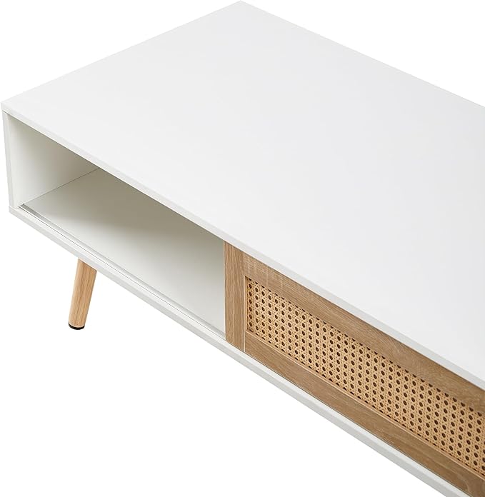 Ball & Cast 41.34“ Rattan Coffee Table with Storage, Wooden Center Table with Sliding Door and Solid Wood Legs, Morden Accent End Table Living Room Coffee Table,White
