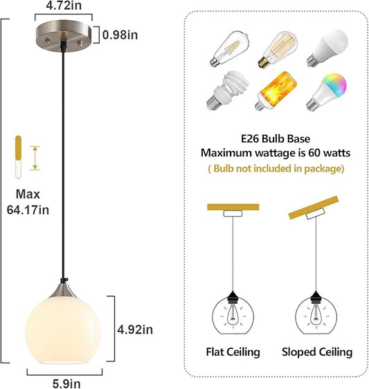 Milky Luster Glass Pendant Lights Kitchen Island Globe Pendant Light Fixtures Modern Pendant Lighting for Bedroom Living Dining Room Light Fixture (5.9 in, 1 Pack)