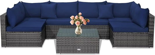 Tangkula 7 Piece Patio Wicker Furniture Set, Outdoor Rattan Sectional Sofa Set for 6 with Seat & Back Cushions, 2 Throw Pillows, Sofa Fastener Clips, for Backyard, Poolside, Deck and Garden (Navy)