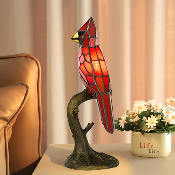 A0011 Cardinal Tiffany Style Table Lamp Handmade Stained Glass Red Bird Lamp in Height 14.5" Overall for Bedside Livingroom Bedroom Home Decoration (Red Cardinal)