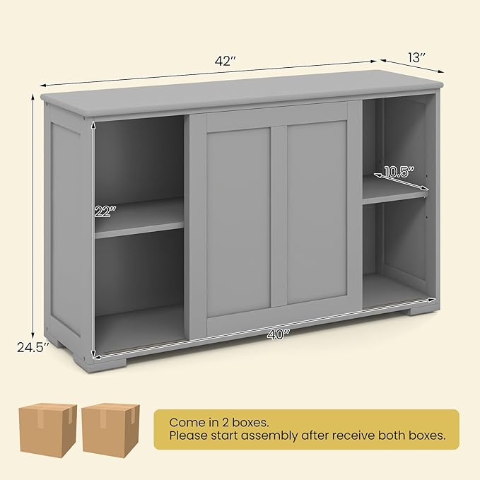Giantex Set of 2 Buffet Cabinet, Coffee Bar Wine Cabinet, Farmhouse Accent Sideboard with Sliding Door, Adjustable Shelves, Cupboard, Storage Cabinet for Kitchen Entryway, Grey