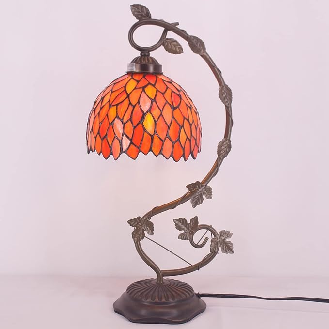 WERFACTORY Tiffany Lamp Red Wisteria Stained Glass Table Lamp, Metal Leaf Base 8X10X21 Inches Desk Reading Light Decor Small Space Bedroom Home Office S523R Series