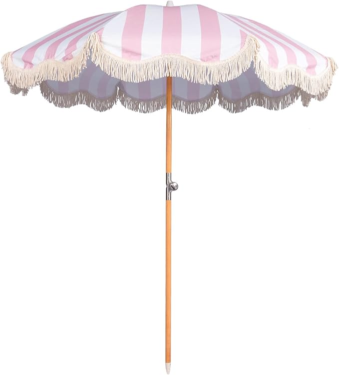 6.5ft Boho Beach Umbrella with Fringe, UPF 50+ Tassel Umbrellas with Carry Bag, Premium Wood Pole Foldable Patio Umbrella for Outdoor Holiday Garden Lawn Pool Yard Table
