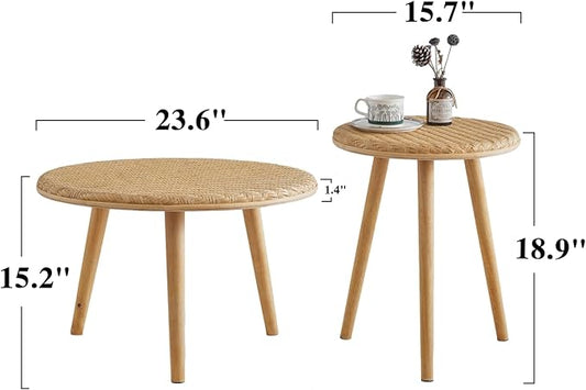 Side Table Set of 2, Coffee Table for Living Room, Farmhouse Circle End Table, Boho Round Coffee Table Natural Finish with Handcrafted Bamboo-Woven Tabletop, Unique Coffee Table