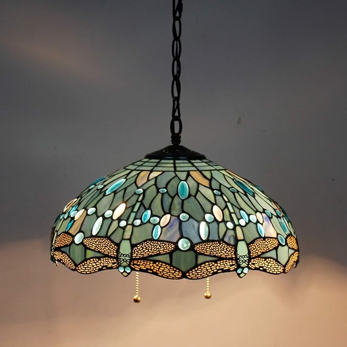 WERFACTORY Tiffany Pendant Light Fixture Sea Blue Stained Glass Dragonfly Hanging Lamp Wide 16 Inch, Height 40 Inch S147 Series