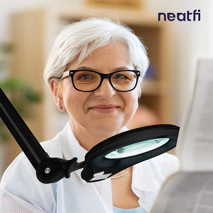 Neatfi LED Magnifying Floor Lamp 1,200 Lumens – 5” Bifocal Glass Lens, Dual Magnification 2.25X + 6X, Dimmable Task Light | Adjustable Arm, Rolling Base | Reading, Crafting & Sewing (Black, 5 Inches)