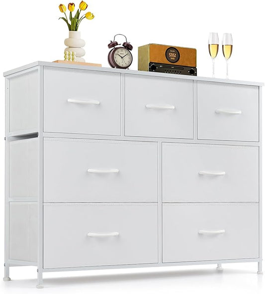 7-Drawer Dresser for Bedroom, Anti-Tip Wide Storage Organizer Fabric Chest of Drawers TV Stand for 45" TV with Wooden Top and Metal Frame for Closet, Living Room, Hallway, Entryway, White