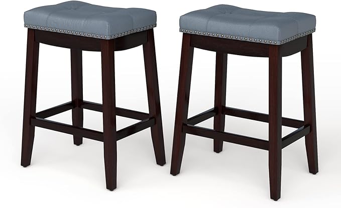 COSTWAY Bar Stools Set of 2, 24-Inch Height Backless Counter Stool with Footrest, Soft Seat Cushion, Wood Legs and Non-Slip Foot Pad, Saddle Stools for Home Kitchen Living Room, Stone Gray+Dark Brown