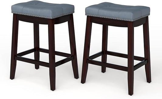 COSTWAY Bar Stools Set of 2, 24-Inch Height Backless Counter Stool with Footrest, Soft Seat Cushion, Wood Legs and Non-Slip Foot Pad, Saddle Stools for Home Kitchen Living Room, Stone Gray+Dark Brown