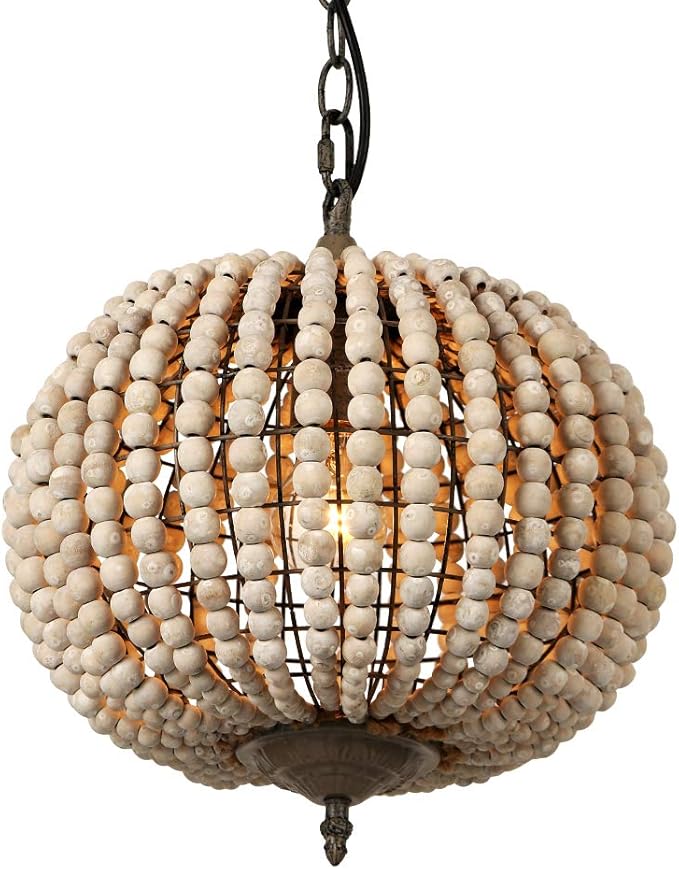Newrays Wood Bead Chandelier Pendant Bohemian Boho Beachy Ceiling Lamp Light Fixtures (Gray White-Globe, 11.81 in*14.56 in)