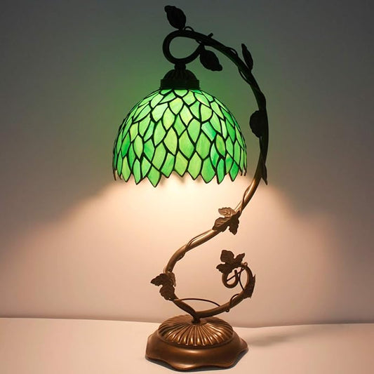 WERFACTORY Tiffany Style Lamp Green Wisteria Stained Glass Table Desk Reading Light, Metal Leaf Base 8X10X21 Inches Decor Small Space Bedroom Home Office S523 Series