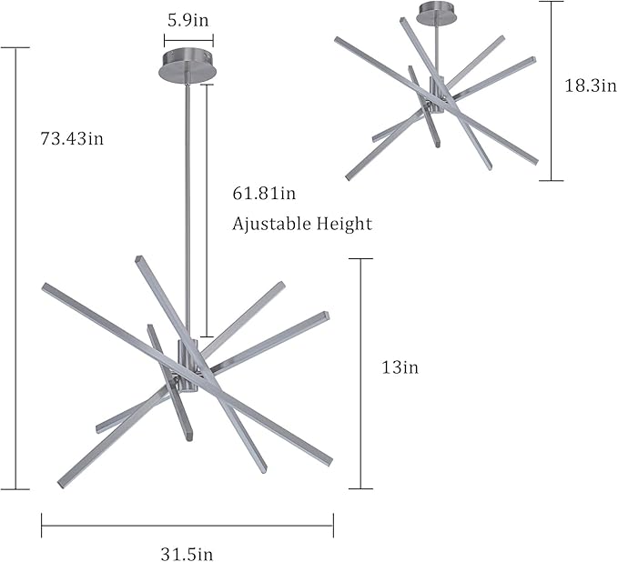 Y'INSP Modern Sputnik Chandeliers 45W LED Brushed Nickel Sputnik Light Fixture Linear Chandelier Light 5 Lights Pendant Light for Dining Room Foyer Kitchen Island Bedroom Living Room