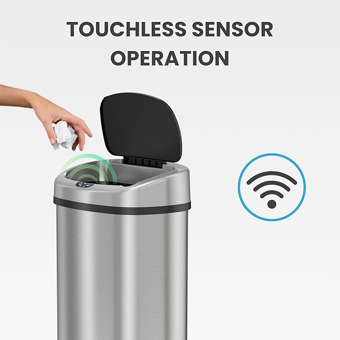 SensorCan 13 Gallon Oval Sensor Trash Can with AC Adapter and Odor Filter, Automatic Motion Sensor Kitchen Bin, Soft-Close Stainless Steel, Slim Curved Wastebasket for Narrow Walkways, Matte Silver