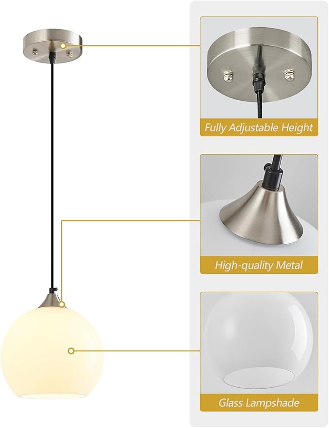 Milky Luster Glass Pendant Lights Kitchen Island Globe Pendant Light Fixtures Modern Pendant Lighting for Bedroom Living Dining Room Light Fixture (7.87 in, 3 Pack)