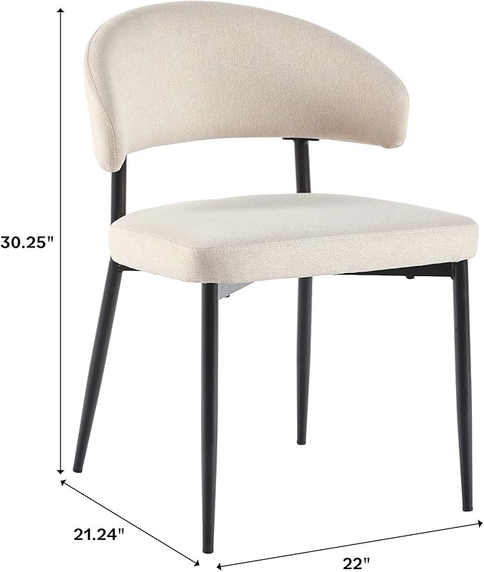 Walker Edison Modern Curved Back Upholstered Dining Chair with High-Performance Woven Upholstery and Powder Coated Steel Base, 2pk, Ivory