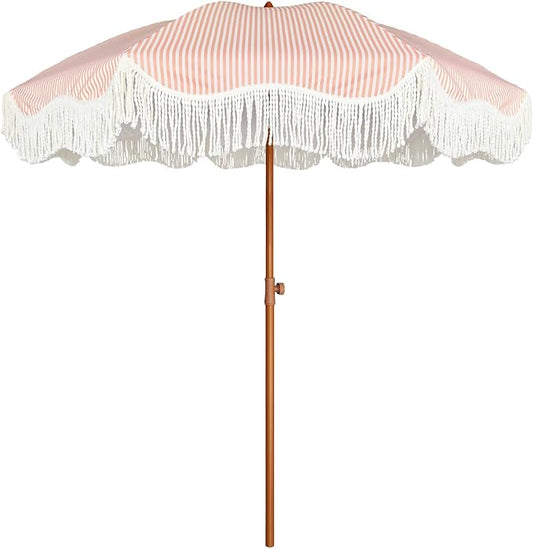 AMMSUN Boho Fringe Umbrella Outdoor Patio, 6.5ft UPF50+ Picnic Umbrella with Tassels with Steel Pole and Push Button Tilt, Pink Stripe