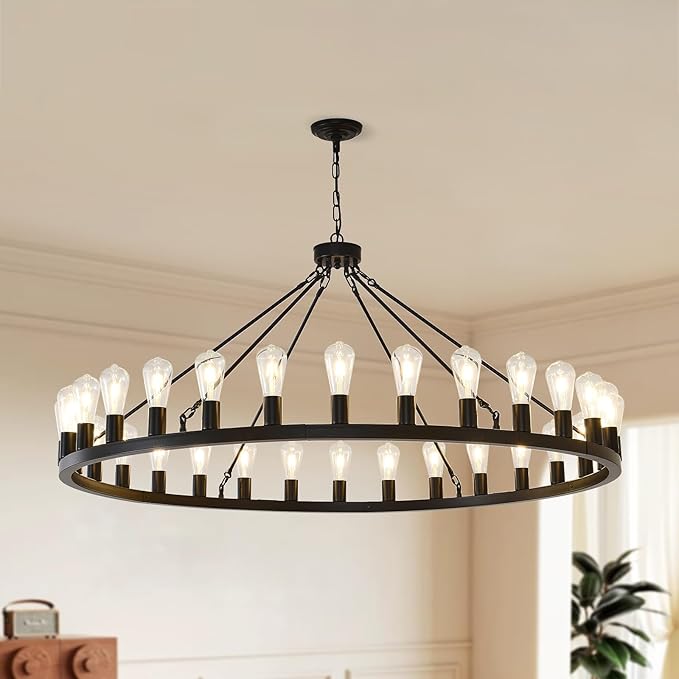NILSE 53-Inch 30-Light Wagon Wheel Light Fixture, Black Farmhouse Chandelier for Living Room Dining Room, Extra Large Foyer Chandeliers for High Ceilings, Entryway, Bedroom, E26