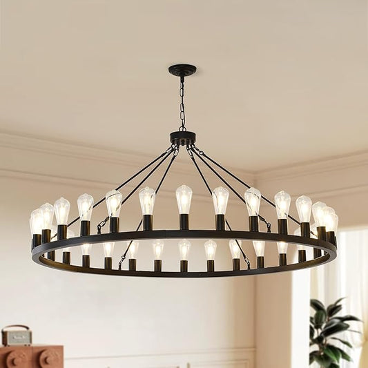 NILSE 53-Inch 30-Light Wagon Wheel Light Fixture, Black Farmhouse Chandelier for Living Room Dining Room, Extra Large Foyer Chandeliers for High Ceilings, Entryway, Bedroom, E26