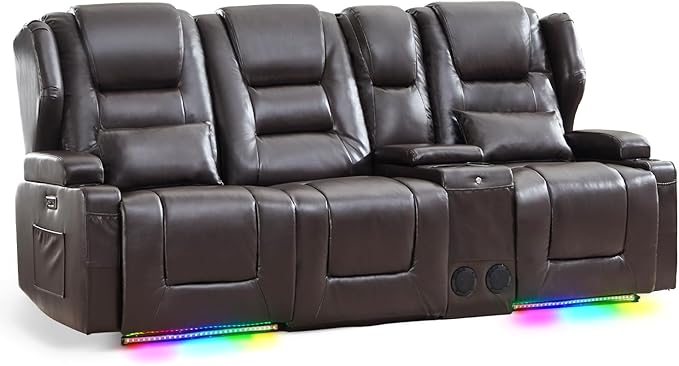 Oprisen 3-Seater Power Recliner Sofa Couch Flip Middle Backrest Reclining Sofa Chair for Living Room with Multi-Function Console/Cup Holders/LED Ambient Light