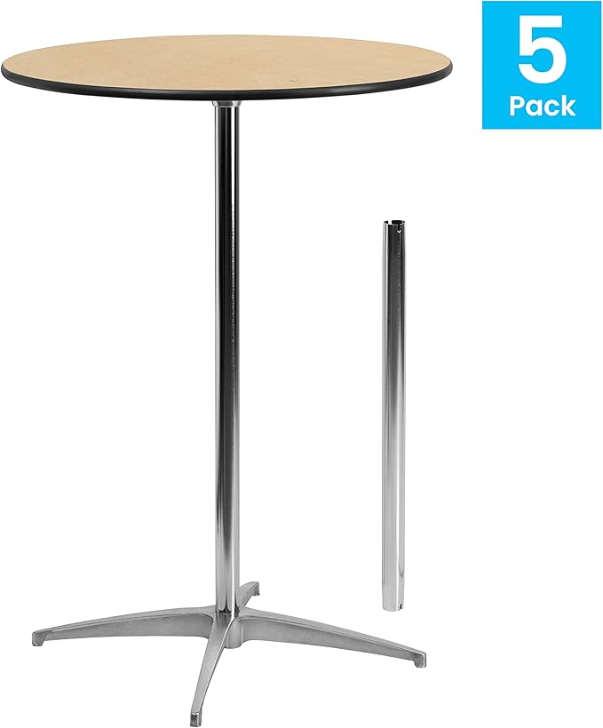 Flash Furniture Lars Set of 5 Commercial Cocktail Tables - Natural Finish Birchwood Tops - 30" Round - Includes 30'' and 42'' Columns - For Indoor/Outdoor Use