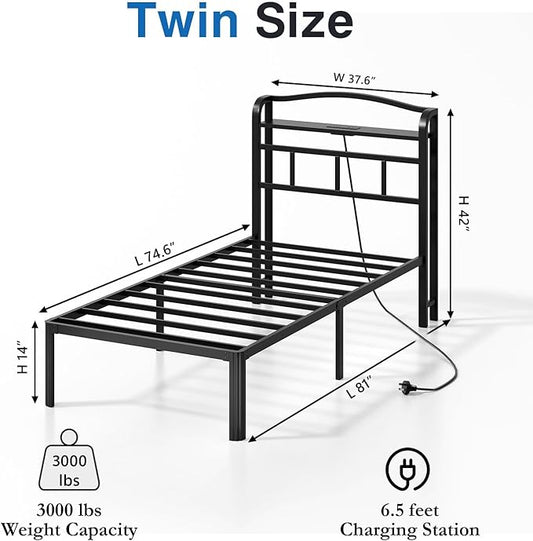 Twin Bed Frame - Storage Headboard with Charging Station, 14 Inch Sturdy Metal Platform Bed Frame No Box Spring Needed, Easy Assembly, No Noise, Black
