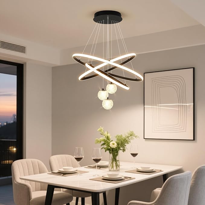 LED Modern 3 Ring Chandeliers for Dining Room, 24in Dimmable Kitchen Pendant Lamp, Black Dining Room Light Fixtures Ceiling Hanging Over Table, Globe Round Chandeliers for Living Room Bedroom
