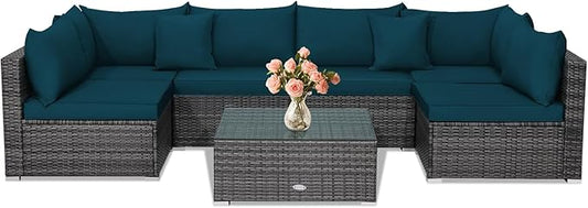 Tangkula 7 Piece Patio Wicker Furniture Set, Outdoor Rattan Sectional Sofa Set for 6 with Seat & Back Cushions, 2 Throw Pillows, Sofa Fastener Clips, for Backyard, Poolside, Deck (Peacock Blue)