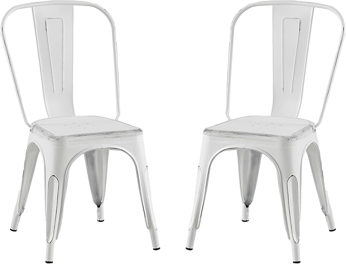 AC Pacific Stackable Metal Dining Chairs Set of 2 for Indoor and Outdoor Use, Durable Stacking Seat, Farmhouse Kitchen, Bar, Patio, Bistro, Cafe, Industrial Style, 2pcs, Sanded Matte White