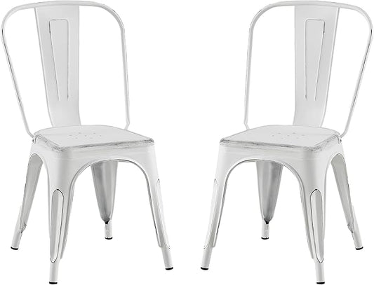 AC Pacific Stackable Metal Dining Chairs Set of 2 for Indoor and Outdoor Use, Durable Stacking Seat, Farmhouse Kitchen, Bar, Patio, Bistro, Cafe, Industrial Style, 2pcs, Sanded Matte White